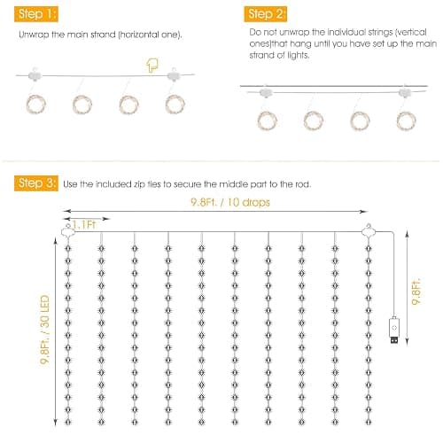 Minetom Curtain Lights, 300 LED Dimmable Fairy Lights with Remote and Timer, 8 Modes, USB Powered String Lights for Room Wall Party Xmas Indoor Decor, Warm White, 2 Pack thumbnail 4