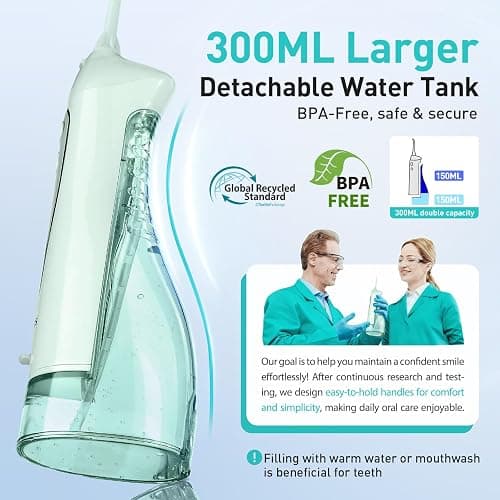 COSLUS Water Dental Flosser Teeth Pick: Portable Cordless Oral Irrigator 300ML Rechargeable Travel Irrigation Cleaner IPX7 Waterproof Electric Flossing Machine for Teeth Cleaning C20(F5020E) Green thumbnail 3