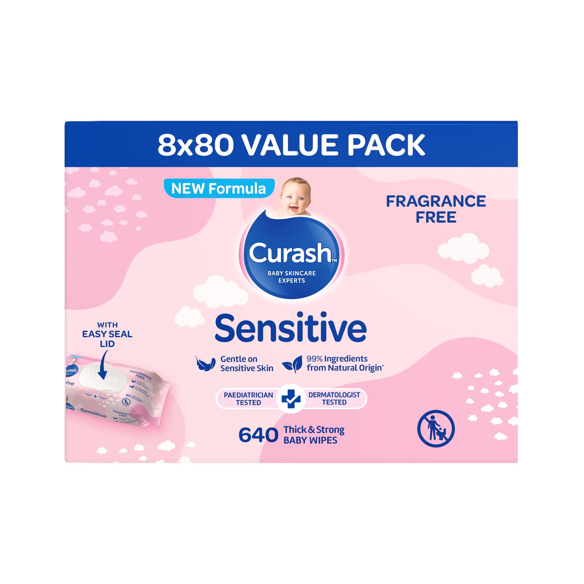 New Formula Curash Fragrance Free Baby Wipes, 8x80 Pack, For Sensitive Skin, Suitable for Newborns, Thick & Soft Texture, No Soap, Alcohol Or Parabens, Everyday Cleansing And Nappy Changes, 640 Wipes (packaging may vary) thumbnail 3