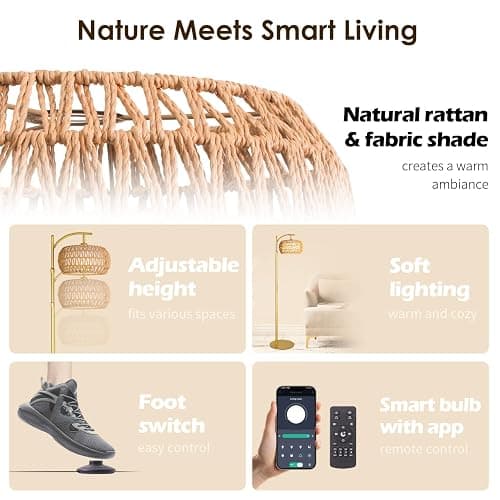 DRAWNCAT Gold Boho Rattan Floor Lamp w/Remote, Dimmable (2700K - 6000K), 2 - in - 1 Wicker & Fabric Shade, Adjustable 165-172cm for Living Room & Bedroom thumbnail 5