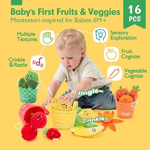 hahaland Baby Sensory Toys - 16 PCS My First Fruit Vegetable Color Sorting Play Food Crinkle, Rattle, Baby Toys 6-12 Months Montessori Toys for 1 Year Old Boy Girl Gifts 6 9 Month Old Toy One Year Old thumbnail 2