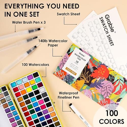 Grabie 100 Colors Premium All-In-One Watercolor Paint Set - 50 Essential, 35 Metallic, 10 Pastels, 5 Neon Hues - Portable Case, Brush Pens, Paper Pad, Waterproof Fineliner Pen, Beginner & Professional thumbnail 2