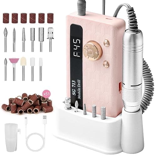 Electric Nail File Professional Kit - 45000RPM Portable Nail Drill Electric File with 11 Bits & Base丨LED Screen丨Ultra-Silent, Rechargeable Nail Drills Machine for Acrylic Nails Gel Polishing (Pink) - Image 1