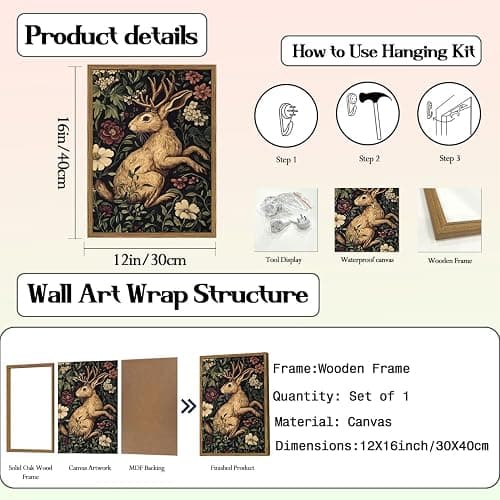 Vintage Rabbit Wall Art Whimsical Dark Cottagecore Jackalope Wall Decor Painting Moody Animal and Botanical Poster Canvas Print for Living Room Bedroom 12x16 inch Wood Framed thumbnail 4