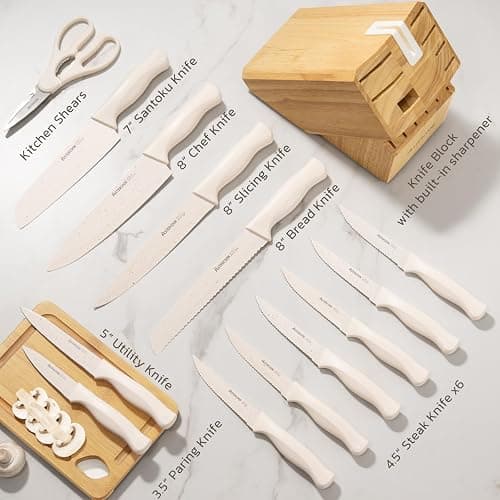 Astercook Knife Set, 15 Pieces Kitchen Knife Set with Sharpener Block, German Stainless Steel Knives Set with Anti-Rust Coating, Dishwasher Safe Elegant Cream White Knife Block Sets, Valentine's Gift thumbnail 3