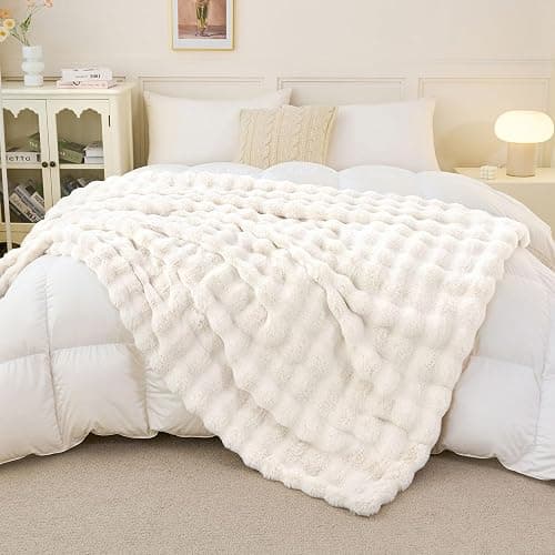 Faux Rabbit Fur Throw Blanket for Couch, Fluffy Warm Plush Thick Bubble Blanket for Bed Sofa Living Room, Soft Cozy Furry Blanket, 50x60 inches, Cream White thumbnail 5