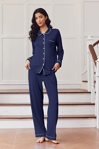Ekouaer Pajama Sets Women Classic Long Sleeve Button Down Sleepwear Soft Pjs Lounge Sets thumbnail 2