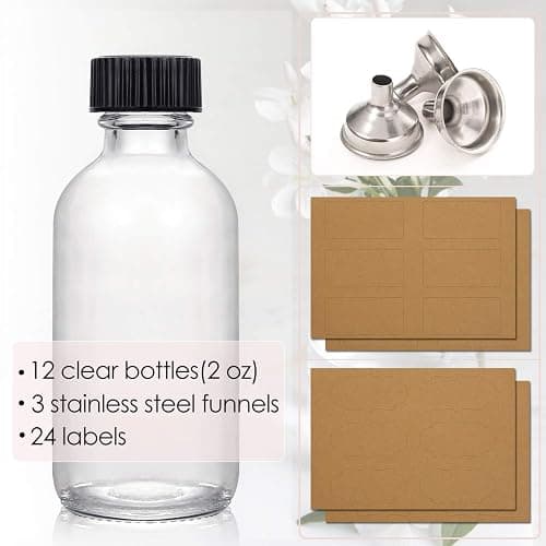 12 Pack, 2 oz Small Clear Glass Bottles w/Lid & 3 Funnels - 60ml Boston Shot Bottles for Health, Immunity, Potion, Wellness, Sample, Ginger, Juice - Mini Personal Care & Beauty Travel Bottle thumbnail 4