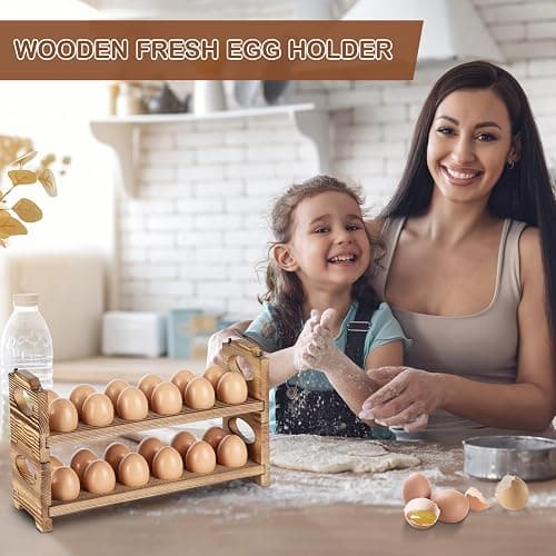 AOOHOOA Wooden Egg Holder & Storage-3Tier /36-Hole Stackable Holds Fresh Eggs, Farmhouse Eggs Rack Wood, Rustic Countertop Chicken Egg Organizer Wood with Distressed Finish for Home Kitchen Decoration thumbnail 8