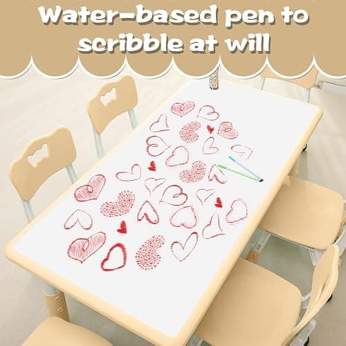 monleelnom Children's Table and Chair Set Suitable for Boys and Girls Age 2-12 Height Adjustable Table top Can be Painted with 6 Seats Suitable for Family Learning Daily use (Wood Color) thumbnail 3