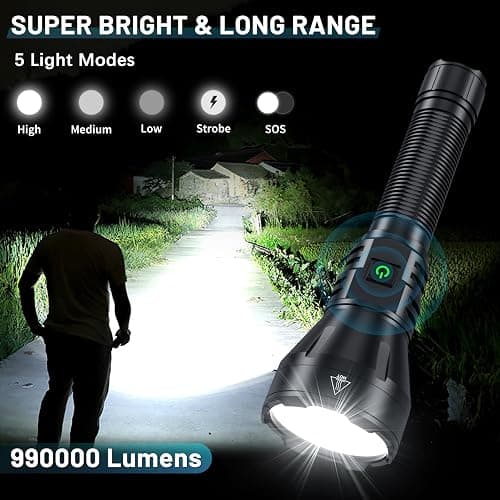 Rechargeable Flashlights High Lumens, 990000 Lumens Super Bright Flashlight, 5 Modes LED Powerful Flashlight Adjustable & Waterproof, Versatile Tactical Flashlight for Emergencies, Hiking, Camping thumbnail 3