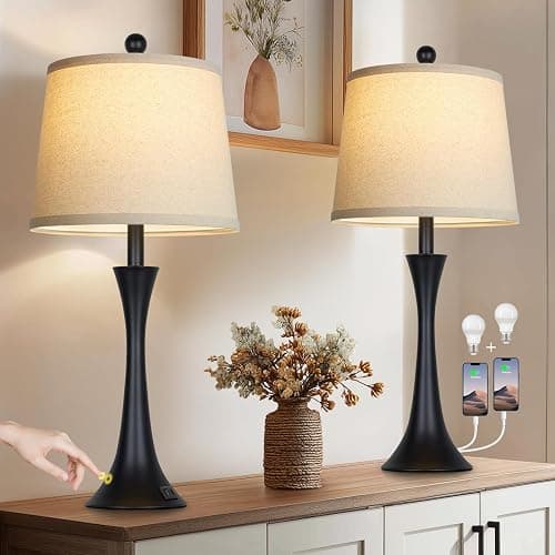 Rinweey 27.5" Table Lamps Set of 2, Touch Bedside Lamps with USB C+A Ports, 3 Way Dimmable Nightstand Lamps for Bedroom, Living Room, Office, Black Lamp with Beige Lampshade, Bulbs Included - Image 1