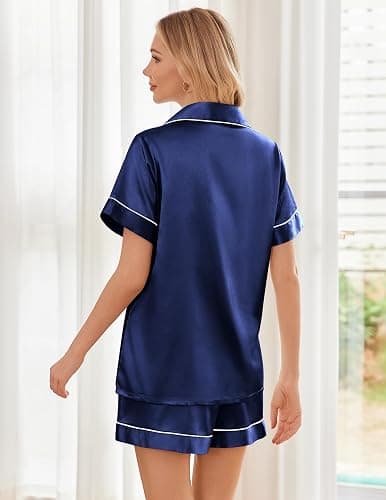 Ekouaer Womens Silk Satin Pajama Sets Soft Short Sleeve Button Down Sleepwear Top and Shorts 2 Piece Pjs Lounge Set S-XXL thumbnail 2