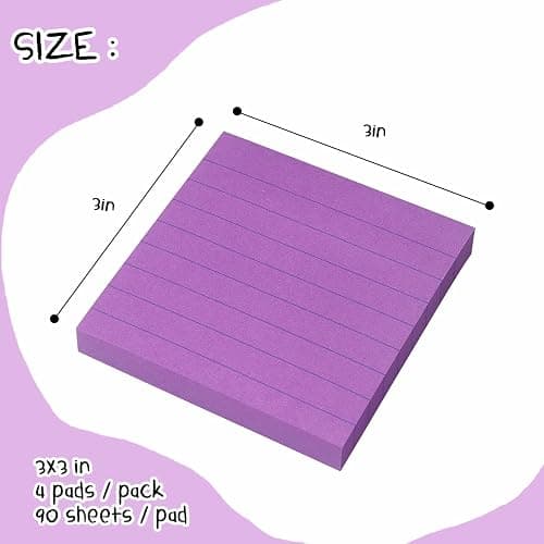 Lined Sticky Notes 3x3 Sticky Notes with Lines Self-Stick Notes Bright Color 4 Pads 90 Sheets/Pad (Purple) thumbnail 3