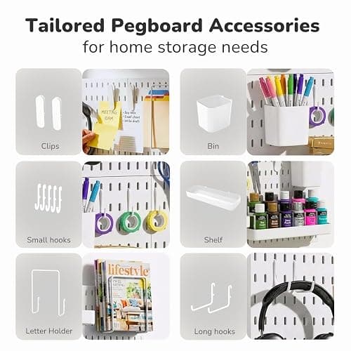 Keepo Pegboard Combination Kit, Pegboards and Accessories Modular Hanging for Wall Organizer, Crafts Organization, Ornaments Display, Nursery Storage, Peg Board (White, 22″×22″) thumbnail 4