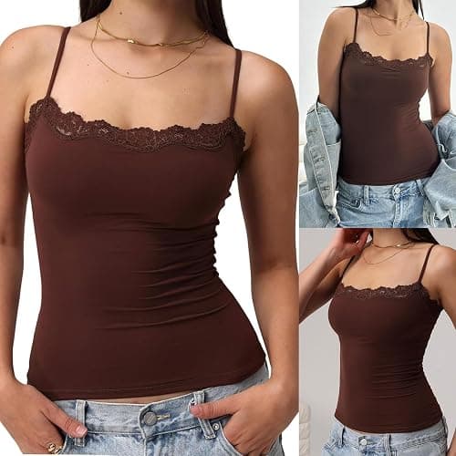 RUIWANBBY Padded Lace Trim Cami Top for Women Sexy Tank Top Spaghetti Strap Club Party Shirts Y2k Going Out Undershirt Tops thumbnail 2