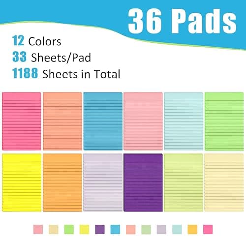 SACATR 36 Pads Lined Sticky Notes, Sticky Note Pads 4x6 inches, 12 Bright Color Sticky Notes with Lines Self-Stick Note Pads, Perfect for Office Home,School thumbnail 2