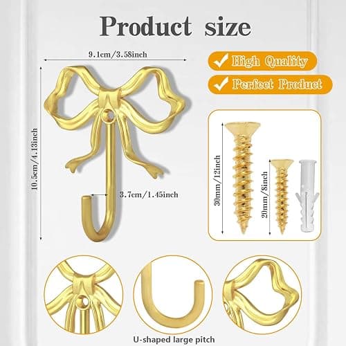 XHIPY 2Pcs Large Size Gold Bow Wall Hook, Gold Coat Hook, Metal Hook, Bow Room Decor Hooks for Coats, Coffee Mugs, Hats, Bags, Bath Towels and Room Decorations thumbnail 3