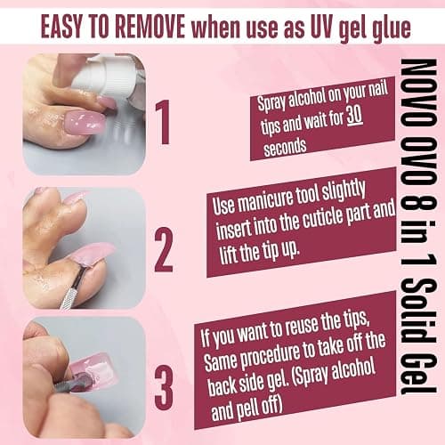 NOVO OVO Non-Sticky Solid Nail UV Gel Glue for Press on and Soft Gel x False Nail Tips 8 in 1, Strong & Long Lasting Nail Glue, Upgrade 3D Gel for Acrylic Sculpture & Decoration, UV Light Cured 30ml thumbnail 6