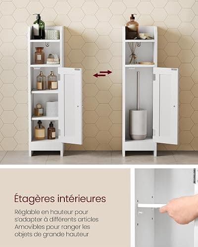 VASAGLE Meuble de Salle de Bain, Armoire d’Angle avec Porte et Étagères, Organisateur de Rangement, Meuble Étroit pour Papier Toilette, Étagères Réglables, 20 x 18 x 80 cm, Blanc Nuage BBC310W01 thumbnail 4