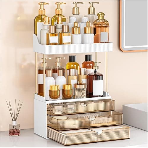 caktraie Bathroom Organizers and Storage - 3 Drawers 2 Tier Makeup Organizer, Cosmetic Storage Drawer for Dresser Countertop and Bathroom Vanity for Large Skincare, Perfume, Amber - Image 1
