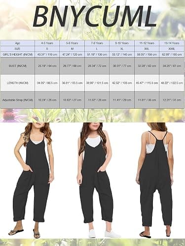 Bnycuml Girl's V Neck Sleeveless Jumpsuits Spaghetti Straps Harem Long Pants Rompers With Pockets (5-14 Years) thumbnail 4