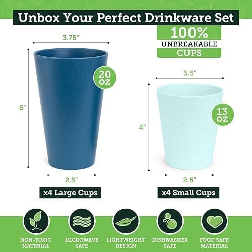 Grow Forward Premium Wheat Straw Cups - 13 & 20 oz Unbreakable BPA Free Hard Plastic Cups – Reusable Lightweight Plastic Drinking Glasses for Kitchen, Outdoor, Water, Camping, RV - Seascape thumbnail 2