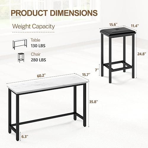 COCLUB Bar Table Set for 3, 60.2” Faux Marble Behind Couch Table Set, Modern Sofa Table with 3 Upholstered PU Stools, Space-Saving Bar Tables and Stools for Home, Apartment, Small Spaces (Black) thumbnail 3