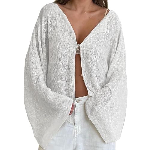 Women Loose Cardigan Solid Boat Neck Hook and Eye Long Sleeve Knitted Tops Casual Fall Clothes - Image 1