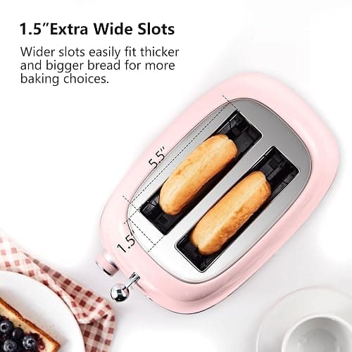 Roter Mond 2 Slice Toaster Retro Stainless Steel with Bagel, Cancel, and Defrost Functions, 6 Bread Shade Settings, Extra Wide Slots and Removable Crumb Tray, Pink thumbnail 6