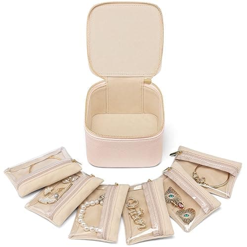 Vlando Gifts for Teachers,Jewelry Box with 6 Velvet Jewelry Bags Travel Jewelry Storage for Women Girl Jewelry Organizer Necklace Rings Earrings Bags Gifts for Women(Pink) - Image 1