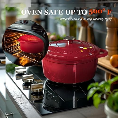 Overmont 5.5QT Enameled Cast Iron Dutch Oven with Lid Cookbook Heavy-Duty Casserole with Dual handles for Braising, Stews, Roasting, Bread Baking thumbnail 3