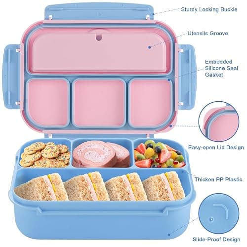 shell and turtle Bento Box Adult Lunch Box, Lunch Containers for Kids Girls Boys with 4 Compartments, Lunchable Food Container with Utensils, Sauce Jar, Muffin Liners, 40 Oz/5 Cup, Blue Pink thumbnail 4