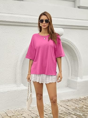 UNCLECAT Womens Oversized T Shirts Summer Trendy Short Sleeve Crew Neck Tops Loose Fit Side Slit Tee thumbnail 4