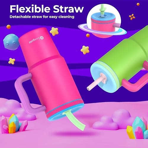 Luxgola Kids 24 oz Tumbler with Handle, Leak-Proof Screw-On Lid with Removable Silicone Straw, Spill Proof, Reusable Stainless Steel Insulated Water Bottle, Gift for Boys Girls Adults, Rose Red thumbnail 3