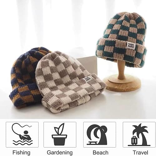 Cuffed Knit Beanie Hats for Women Checkerboard Plaid Womens Hat Y2K Stretch Winter Beanies Skull Cap Warm Ski Caps thumbnail 4
