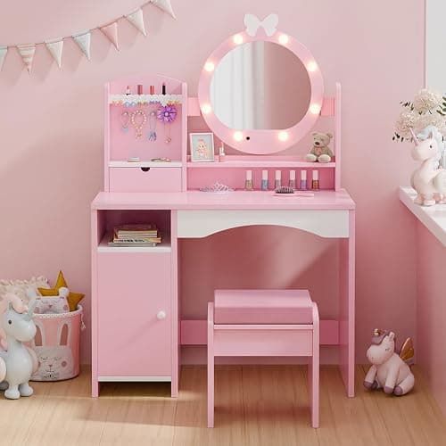 MU Kids Vanity Table and Chair Set – Princess Girls Vanity Set with Mirror, Lights, Jewelry Storage, and Cushioned Stool, Toddler Makeup Vanity for Little Girls (Pink) thumbnail 9
