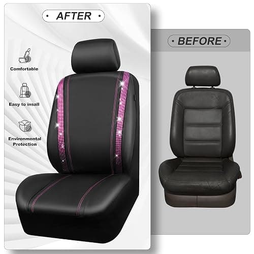 CAR PASS Bling Diamond Car Seat Covers Full Set, Shining Rhinestone Waterproof Faux Leather, Rear with Zipper, Universal Fit Automotive Glitter Crystal Sparkle Strips for Women Girl, Black Pink thumbnail 5
