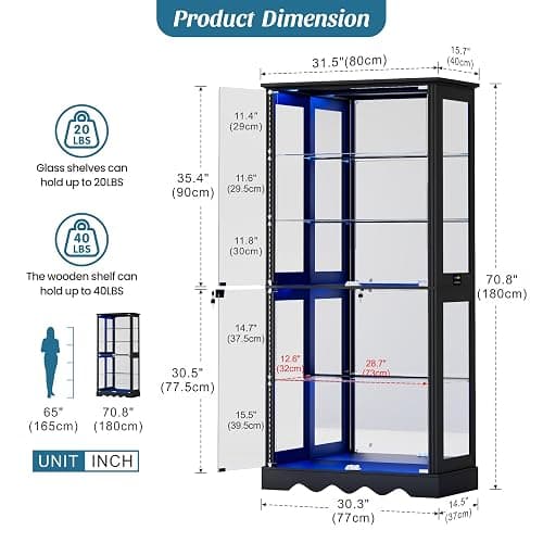 Dystler Display Cabinet with Glass Doors, RGB Lights for Collectibles | 71'' Tall with Adjustable Shelves, Human Sensor LED Lighting Curio Cabinet, Black thumbnail 2