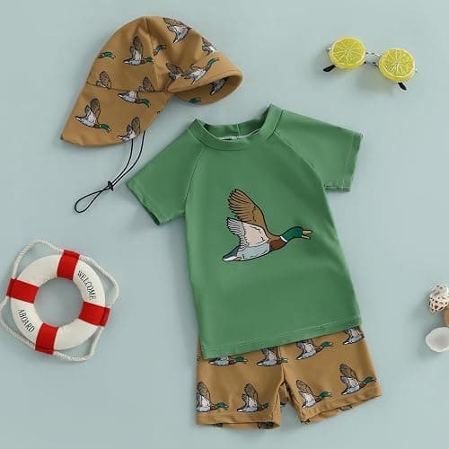 DuAnyozu Baby Boys Swimsuit Long Sleeve Rash Guard Swimwear Baby Boy Swim Trunk with Hat Set 3-Piece Toddler Bathing Suit thumbnail 3