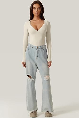 QINSEN Women's Long Sleeve Bodysuit V Neck Body Suits Seamed Cup Going Out Tops Shirt thumbnail 5