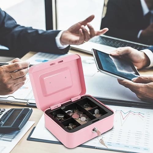 xydled Locking Steel Medium Cash Box with Removable Coin Tray and Key Lock,7.87"x 6.30"x 3.54",Pink thumbnail 2