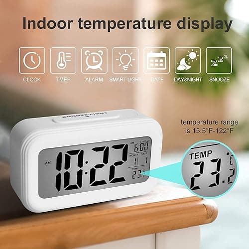 KAIJIELY Upgraded Digital Alarm Clock, 4.3" LED Display with Temperature Larger Lound Light Control Portable Snooze Calendar Brightness with Battery Powered Alarm Clocks Bedside for Everyone (White) thumbnail 7