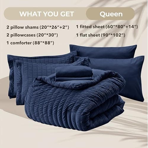HYMOKEGE Navy Blue Queen Comforter Set Seersucker 7 Pieces, All Season Luxury Bed in a Bag for Bedroom, Bedding Set with Comforters, Sheets, Pillowcases & Shams thumbnail 6