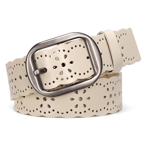 JASGOOD Women's Hollow Flower Genuine Leather Belt for Jeans Pants Wide Belt for Ladies - Image 1