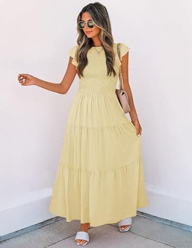 ZESICA Women's 2026 Summer Casual Flutter Short Sleeve Crew Neck Smocked Elastic Waist Tiered Midi Dress thumbnail 6