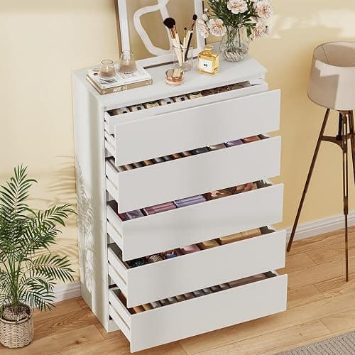 Dresser for Bedroom with 5 Drawers, 14.2" D x 31.5" W x 47.3" H, White | Modern Chest of Drawers with Hidden Drawer,Wood Storage Dresser, Storage Organizer for Living Room, Closet, Hallway thumbnail 4