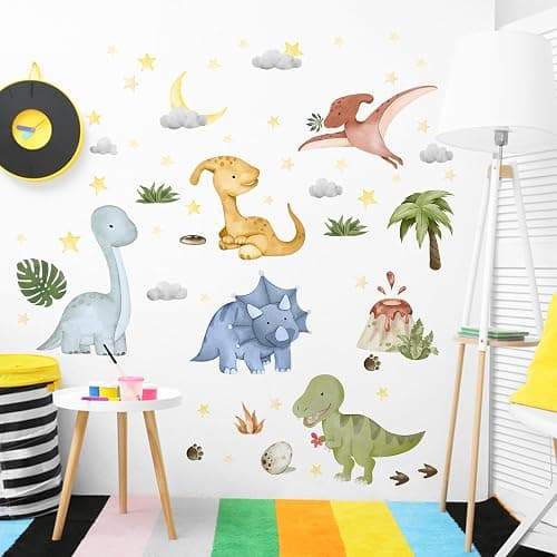 Yovkky Watercolor Baby Dinosaur Wall Decals Stickers, Dino Volcano Tropical Leaf Palm Tree Baby Boy Girl Room Nursery Decor, Cloud Moon Star Neutral Home Decorations Kid Bedroom Playroom Art thumbnail 5