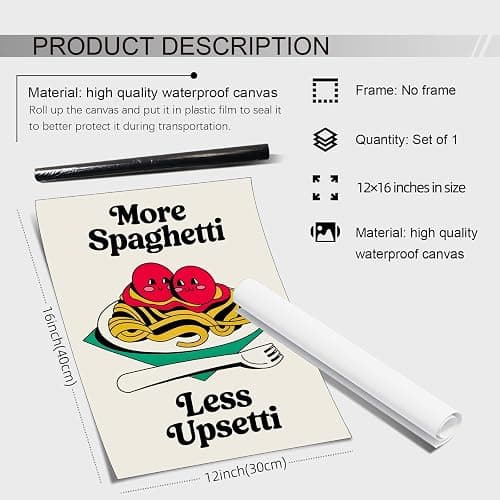 Retro Funny Kitchen Food Wall Art Trendy Cute Pasta Poster More Spaghetti Less Upsetti Quote Canvas Prints Vintage Aesthetic Wall Decor for Living Room Restaurant 12x16 inch Unframed thumbnail 2