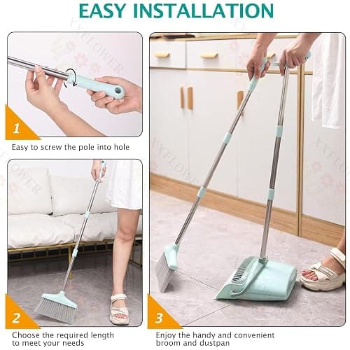 XXXFLOWER Broom and Dustpan Set with Cleaning Teeth, 55" Long Handle Indoor Sweeping Combo for Home Office Kitchen, Bluish Green thumbnail 4